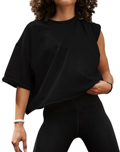 EBANKU Oversized Workout Shirts for Women Short Sleeve Crop Tops Casual Basic Cotton Athletic Yoga Running Cropped T-Shirts Black