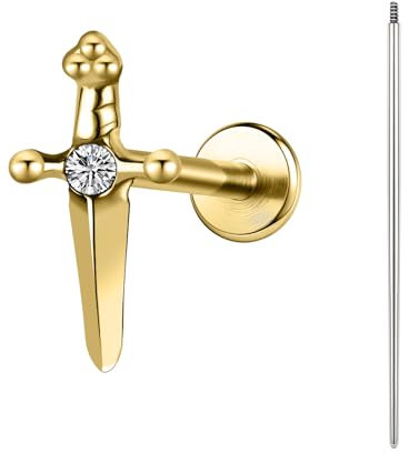 BodyAce ASTM F136 Titan Helix Piercings Ohrstecker, 16G Flatback Lippenpiercing With Piercing Taper, Nasenstecker Conch Tragus Piercing Schmuck [Goldenes Schwert Weißer Zirkon]