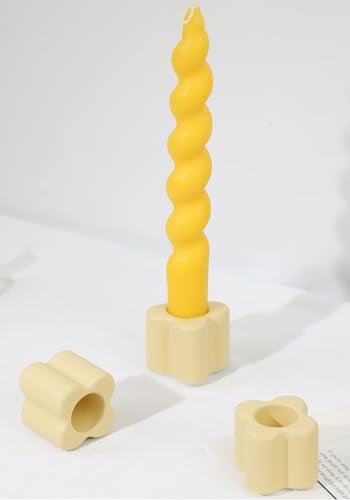 HofferRuffer Kerzenständer 3er Set Keramik Mini Kerzenhalter Morandi Farben Blütenform Kerzenständer Stabkerzen für Hochzeit Party Weihnachtsdeko Tischdeko Deko Gelb