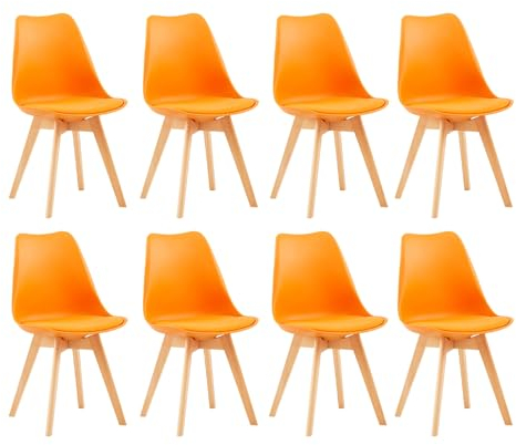 EGGREE 8er Set Esszimmerstühle mit Massivholz Buche Bein SGS Geprüfter, Skandinavisch Design Gepolsterter aus PU-Leder Küchenstuhl Essstühle, Orange