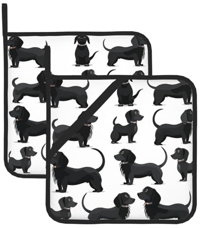 Quadratische Topflappen mit Dackel-Motiv, 2 Stück, hitzebeständig, für Küche, Backen, Grillen