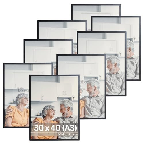 VictoR Bilderrahmen Dali 8er Set 30x40 cm (A3) Schwarz - Fotorahmen Holz A3 - Bilderrahmen Set Schwarz 30x40 - moderner Holzrahmen mit bruchsicherem Acrylglas