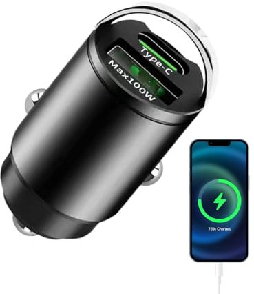 Generic Car Phone Charger Plug, 100W Fast Charge, PD QC 3.0, 2-Port USB Car Charger Adapter