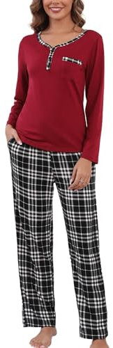 Yukiuiny Pyjama Femme Ensemble Coton Plaid Tee Shirt Manches Longues Col V Boutons Vêtement de Nuit Pantalons de Pyjama Printemps Douce Confortable B-Bordeaux+Noir Carreaux M