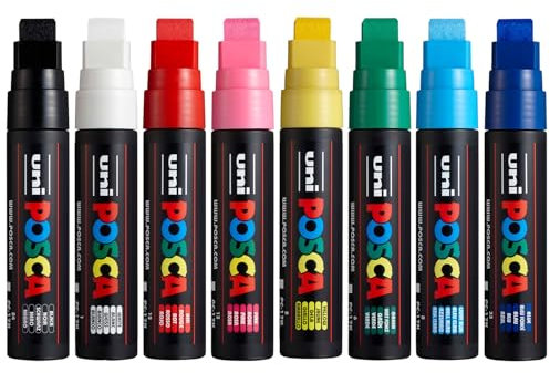 Posca PC-17K Water Based Permanent Marker Paint Art Pens – 15mm Chisel Tip - Set of 8 Colours