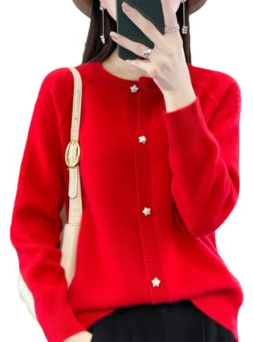 Women's Winter Wool Cardigan Joker Solid Color O-Neck Fashion Padded Warm Loose Cardigan Red XL