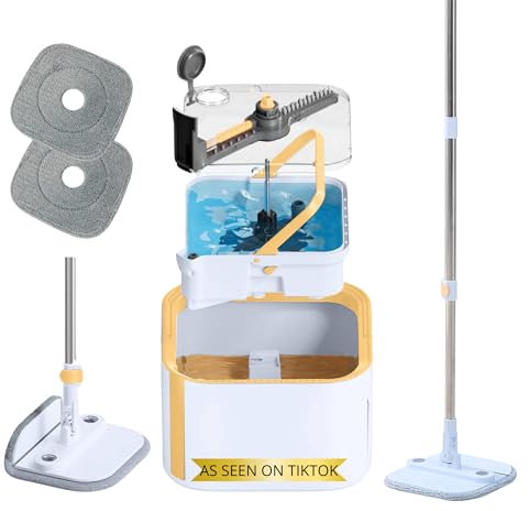 Spin Mop and Bucket System PRO w/Detachable Inner Bucket, Separates Clean and Dirty Water, Self Standing, Foldable Square Mop Head, Triple Jet Stream w/Hidden Brush, Replaceable 2pc Pads
