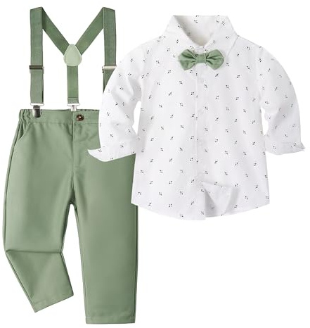 Volunboy Baby Jungen Anzug Set Bekleidung, Kleinkind Langarm Hemd mit Fliege + Hosenträger Hosen 4 Stück Anzug