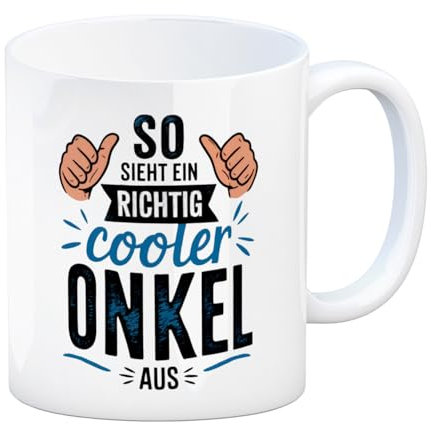 speecheese SO SIEHT EIN RICHTIG COOLER ONKEL AUS Kaffeebecher Perfekt für Onkel mit schwarzem Text und blauem Daumen auf weißem Hintergrund ideal als Geschenk