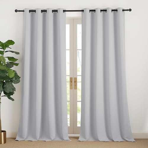 NICETOWN Thermo Vorhänge 240 cm Lang Hellgrau Vorhang Blickdicht Gardinen mit Ösen 2er Set Übergardinen Wohnzimmer Modern Ösenschal 2er Set Verdunklungsvorhänge, H240 x B140 cm