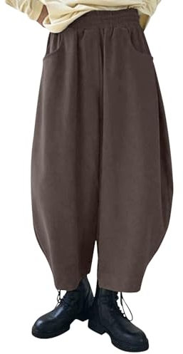 Women Corduroy Barrel Pants Wide Leg Vintage Mid Baggy Pants Haremshose Damen Schwarz Winter Culottes Hosen (Coffee, XXXXL)