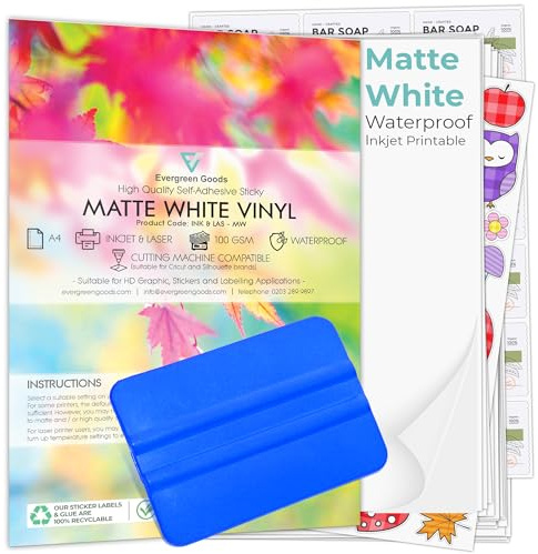 Evergreen Goods A4 100 Sheets Matte White Printable Sticker Paper Vinyl with Squeegee | Inkjet Laser Waterproof Sheets - Blank Self Adhesive Vinyl | Make Your Own Stickers & Product Labels Cutters