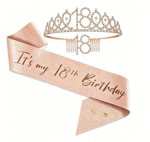 FENQURO 18. geburtstag mädchen, deko 18. geburtstag mädchen, 18 Geburtstag mädchen Deko Schärpe und Tiara Rose Gold 18 Geburtstag Geschenke Krone für Birthday Girl Party Dekorationen