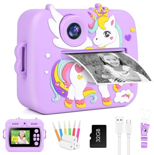 GuKKK Kinderkamera Sofortbildkamera, 2,4 Zoll Sofortbildkamera Kinder mit 32G TF Karte und Fotopapier Drucken, 1080P HD Digitalkamera Kinder, Weihnachten Geschenk für Jungen und Mädchen 3-12 Jahre