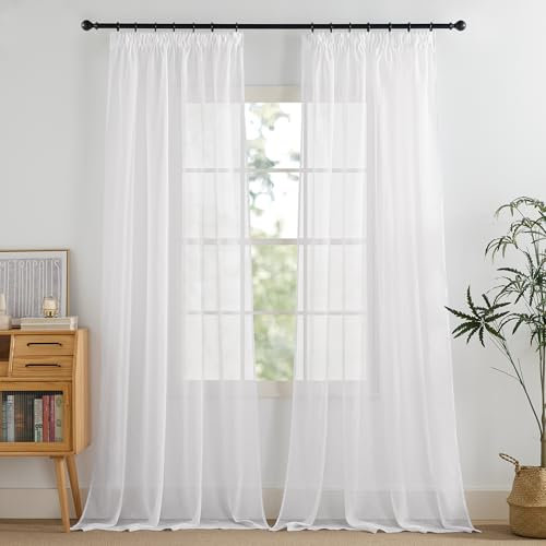 PONY DANCE Wohnzimmer Vorhang 350 cm Lang Extra Lange Gardinen Und Vorhänge Transparent Deko Gardine mit Kräuselband 2er Set Weiß Ösenvorhang für Schienen, H 350 x B 140 cm