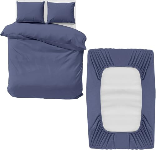 MOONLIGHT20015 Super King Bedding Set 4 Piece Duvet Cover Fitted Sheet with Pillow cases Soft Brushed Microfiber Duvet Cover sets Washed Blue