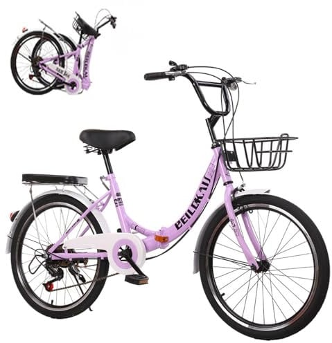 VHVYWY Faltrad, Leichtes Klappräder Aus Kohlenstoffstahl, Höhenverstellbar, 7-Gang, Mountainbikes Retro für Erwachsene Damen Herren(Size:24in,Color:lila)