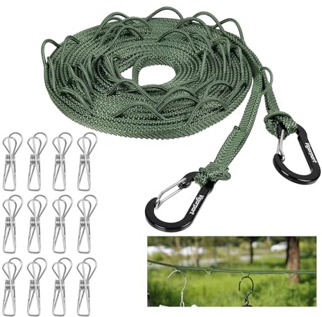 Vigorport Portable Travel Clothesline, Windproof Clothes Line with Hang Hole, Indoor and Outdoor Laundry Line with Clothespins for Hotel, Camping, RV, Cruise Ship (Green, 13.8Ft)