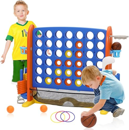 EULEUY Kinder-dreidimensionales Vier-gewinnt-Spiel,extra großes Vier gewinnt für draußen/drinnen mit 42 Riesenringen,Basketball,Golfund schnellstartenden Schiebern, geeignet für Kinder ab 4 Jahren