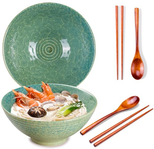 Ceraozmus 2x Ramen Schüssel Keramik - 1200ml - 20 cm -Mit Löffel und Essstäbchen for Ramen Soup Pho Udon Asian Noodles,Large Noodle Bowls (Smaragdgrün 2 Satz)