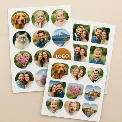 Foto Aufkleber personalisiert – Mit eigenem Bild gestalten | Premium Druckqualität, glänzend, wasserabweisend & UV-beständig | Für Tassen, Laptops, Flaschen, Hochzeiten & Events