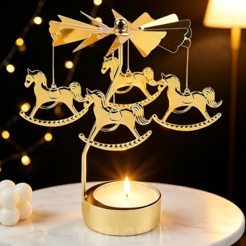 TENGWA Teelicht Karussell Schaukelpferd Teelicht Pyramide Glücks-Windmühle | Weihnachtskarussell Teelichtständer Gold für Valentinstag Weihnachten Hochzeiten Partys und als Dekoration für Zuhause