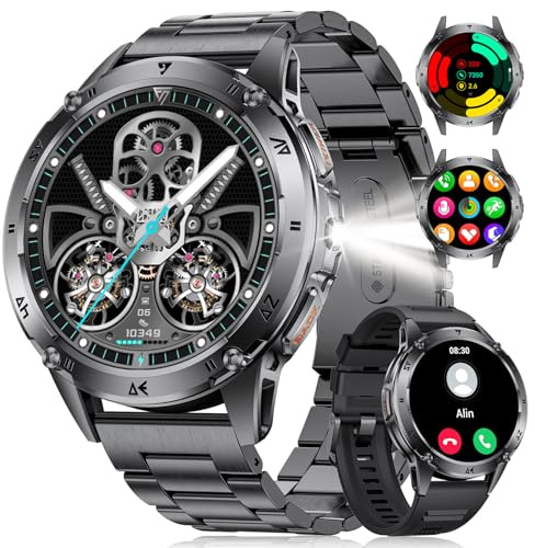 CHOOSETIME Smartwatch Herren, Bluetooth Anrufe, 1.43 HD Amoled Display, LED-Taschenlampe, 110+ Sportmodi Fitnessuhr, Herz-/Schlafmonitor, IP68 Wasserdicht, Sportuhr für Android iOS, Schwarz