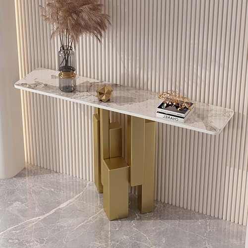 FIEUOGA Table Console Moderne, Table d’Entrée Effet Marbre Luxe, Table Console Étroit avec Cadre Métallique Géométrique, Table de Couloir Foyer Décorative, Meuble pour Salon(Gold d.,L100CM/39IN)