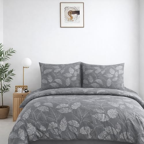 ZIRVEHOME Bettwäsche 155x220 cm 2-teilig – Bettbezug 155x220 + Kissenbezug 80x80 – 100% Baumwolle Renforcé – Weich, Atmungsaktiv & Pflegeleicht – Grau Weiß Blattmuster – ArinaV2