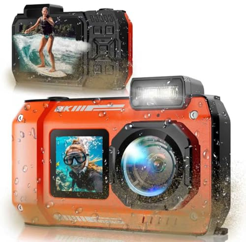 Maxmango D50 8K Unterwasserkamera, 33FT 70MP Wasserdichte Kamera für Schnorcheln, Tauchen, Surfen, Staubdichte, Stoßfeste Digitalkamera mit 2.8'' Dual-Screen,2500mAh Akku,18X Zoom, 16GB Karte - Orange