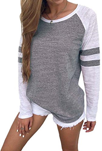 Famulily Women's Long Sleeve Baseball Tee Shirt Crew Neck Colorblock Striped Tops(Gray,Large)