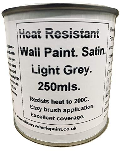 1 x 250ml Satin Light Grey Heat Resistant Wall Paint. Wood Burner Stove Alcove. Brick, concrete, plaster, cement board, rendering, metal, timber etc.