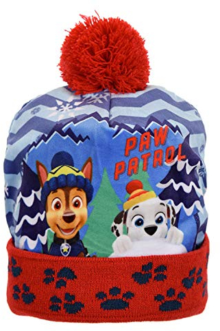 PAW PATROL warme Wintermütze für Jungen mit Bommel (Rot, Kopfumpfang 52 cm)