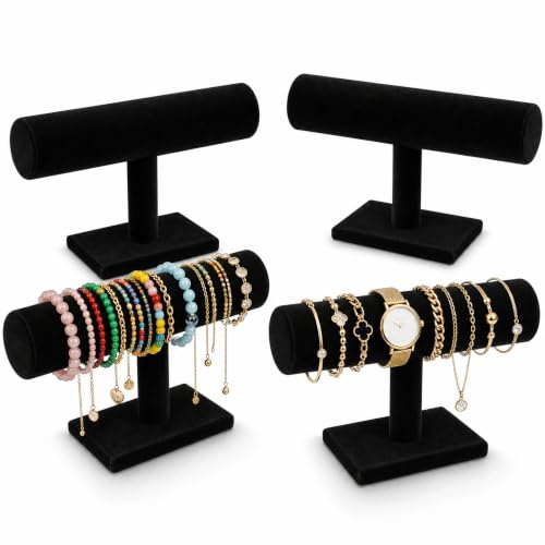 Foraineam 4-Pack Black Velvet T-Bar Jewelry Display Stands Watch Necklace Bracelet Organizer