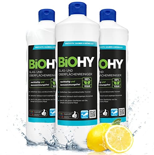 BiOHY Glas- und Oberflächenreiniger (3 x 1 Liter) | Glasreiniger Konzentrat für streifenfreien Glanz | ergiebiger Glas & Kunststoffreiniger | Fettlöser & Kalkreiniger | ideal für Fenster & Küche