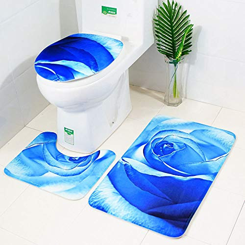 Morbuy 3 Pcs Ensemble Salle de Bain Tapis Contour WC Tapis de Bain Antidérapant Couvre Couverture de Toilette Siège - Impression 3D Rose (45 * 75cm,Enchanteresse Bleue)