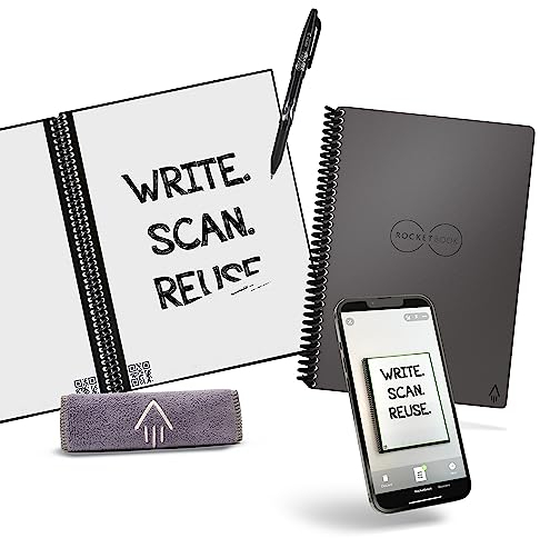 ROCKETBOOK Reusable Digital Notebook - Smart Notepad A5 Grey - Spiral Note Book To Do List Pad, Lined Paper with Frixion Erasable Pen and Wipe, Office Gadget App, Reduce Paper Waste