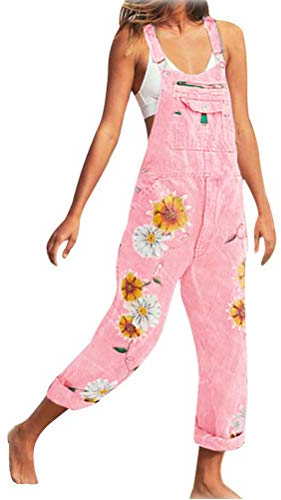 Onsoyours Jeanslatzhose Damen Latzhose Retro Jeanshose Trägerhose Hoseanzug Denim Blumen Overall Gerades Bein Lang Trägerhose Ärmellos Locker mit Taschen A Rosa Medium