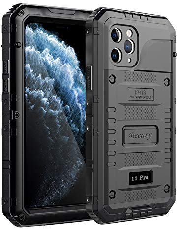 Beeasy iPhone 11 Pro Case Black, Waterproof Shockproof Tough Heavy Duty, with Built-in Screen Protector 360 Degree Full Body Military Protective, Drop Proof Metal Cover for Outdoor Sport
