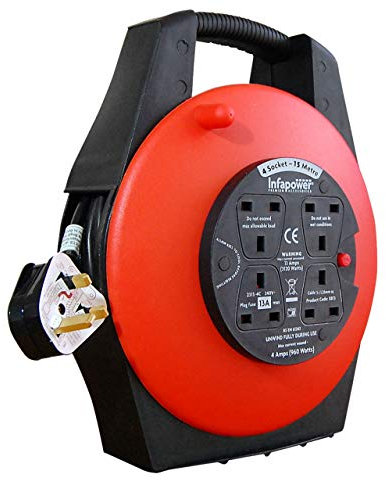 Infapower 4 WAY 15M CABLE EXTENSION REEL LEAD MAINS SOCKET HEAVY DUTY 13 AMP