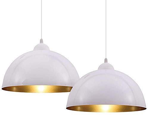 BAKAJI Coppia Lampadari Sospensione Design Moderno Industriale Porta Lampada in Metallo Diametro 30cm Lunghezza 130cm Cavo Regolabile Lampadina E27 Max 60W Lampadario Illuminazione Casa (Bianco e Oro)