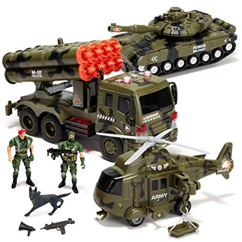 JOYIN 3 in 1 Reibungsbetriebenes Sirenen-Militärfahrzeugspielzeug mit Actionfiguren, einschließlich Militärlastwagen, Hubschrauber- und Panzerspielzeug, Militärfahrzeugen mit Licht- und Tonsirene