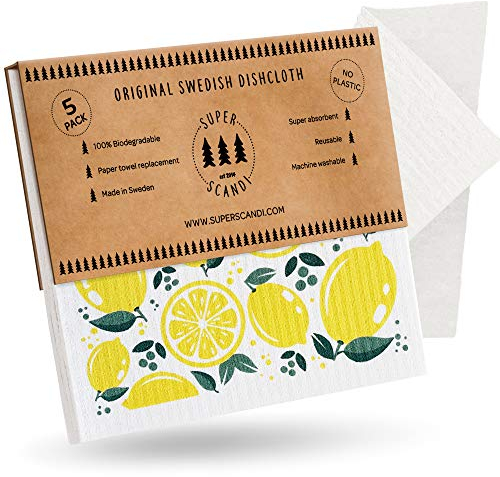 SUPERSCANDI Putzlappen im 5er Pack - 100% Biologisch Abbaubar & Kompostierbar | Wiederverwendbare & Lebensmittelsichere Spültücher | Für Jede Oberfläche Geeignete Spüllappen | Lemon DN