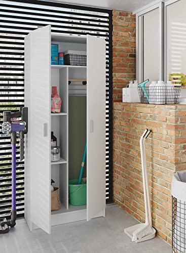 Dmora - 2 doors Multipurpose cabinet Charleston, Broom cabinet, Shoe rack with shelves, Shoe wardrobe, cm73x37h180 cm, White