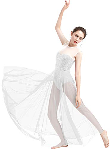 FYMNSI Damen Lyrisch Tanz Kleid Ärmellos Pailletten Schlitz Tüll Maxikleid Lyrische Modern Contemporary Tanzkostüm Trikot Latein Ballett Tüllkleider Ballettanzug Weiß S