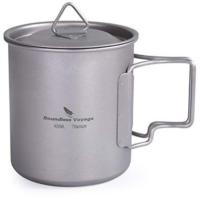 Boundless Voyage Camping Cookware 420ml Titanium Camping Pot with Lid Foldable Handle Ultralight Titanium Cup Coffee Mug for Backpacking Hiking Ti3025D