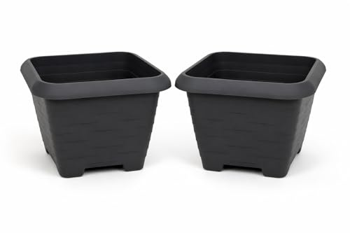 Tamersgifts Sets of 2 Heavy Duty Quality Plastic Square Castle Planters Plant Pots - 3 Colours & 3 Sizes (Gunmetal Grey, Length 44.2cm x Width 44.2cm x 40cm Height)