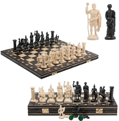 Master of Chess Tablero Ajedrez Madera “Black & White Edition” 42 cm - Hecho a Mano y Grande Portatil Juego de Ajedrez para Niños y Adultos - Figuras con Forma de Vikingo