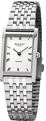 REGENT - Orologio da donna al quarzo con cinturino in acciaio inox e fibbia deployante, cassa piatta in acciaio inox, diametro 22 mm, numeri romani, argento