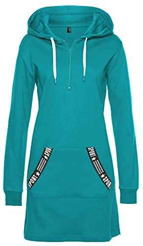 TrendiMax Damen Hoodie Kleid Herbst Langarm Sweatshirts Kapuzenpullover Streetwear Jumper Pullover Mini Kleider, Dunkel Stahlblau, L